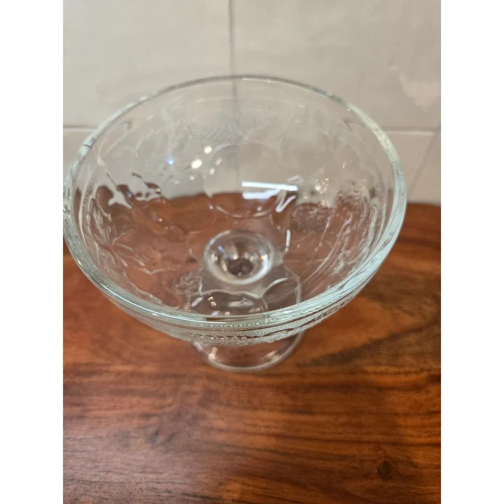 Vintage French Clear Pressed Glass Footed Dessert Coupe Embossed Leaf Berry Bowl